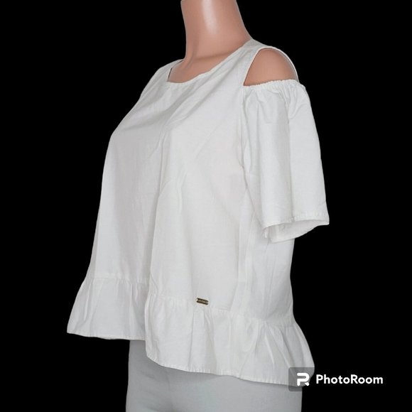 Cristinaeffe Striped Cold Shoulder Blouse Top US 6 IT 42 White Black Peplum - Picture 3 of 7